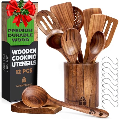 Comparison: Best Kitchen Cookware Utensils 8 Wooden Spoons for Cooking – Wooden Cooking Utensils Set with Holder, Spoon Rest & Hooks, Teak Wood Nonstick Kitchen Cookware – Durable Set of 12pcs by Woodenhouse - Unique Kitchen Gifts for Women Men