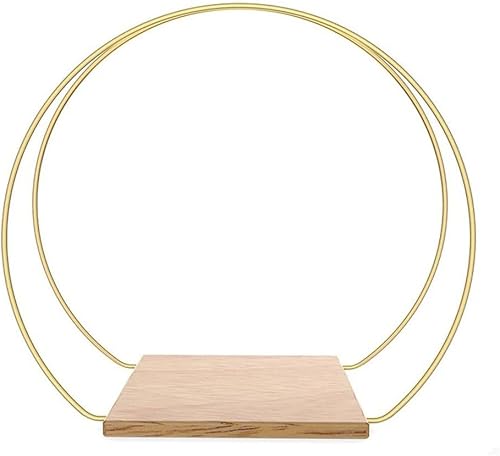 Centro de mesa de aro floral de metal de 12 pulgadas con soporte, anillos de corona de aro dorado con soporte de madera para manualidades,