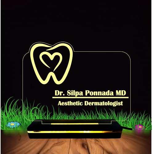 Image of PRINTKART Doctors Name and Designation Personalised LED 3D Illusion Lamp Gift for Doctor Laser Cut Acrylic Transparent Material 7 x 5 Inches Dentist New with Wooden Base
