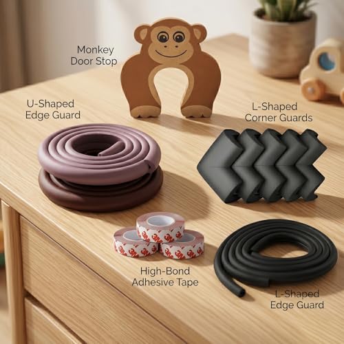 Image of Safe-O-Kid Edge Protection Combo |5M Edge Guard & 2M Edge Guard (2Pcs) with 3M Adhesive Tape, 1 Monkey-Shaped Door Stopper & 4 Corner Protectors | Baby Proofing Safety Kit for Home - Assorted
