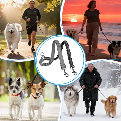 Doppelleine für 2 Hunde, Verwicklungsfrei, Um 360° Drehbar Hundeleine für 2 Hunde, Verstellbar, Stoßdämpfend, Reflektierend für Kleine, Mittlere und Große Hunde für Sicheres Gassi Gehen und Training