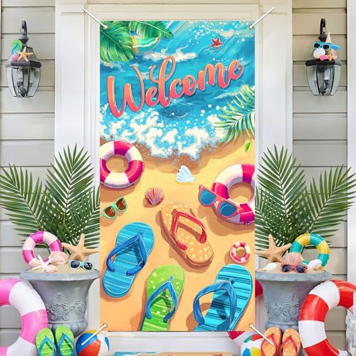 Mocsicka Welcome Summer Door Cover Hello Summer Beach Holiday Party Decorations Porch Sign for Pool Hawaiian Birthday Party Supplies Photography Background(Blue 35.4x70.8 inch)