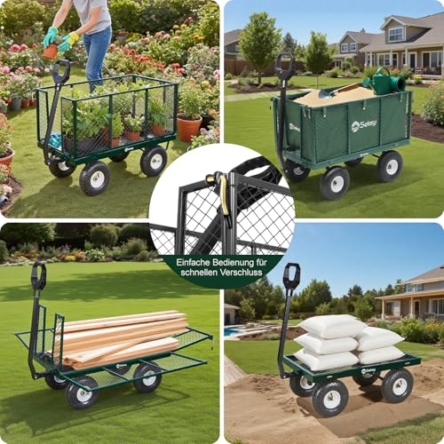 Sekey Bollerwagen Gartenwagen 550KG Belastbar, Transportwagen Transportkarre Gerätewagen mit Patentiertem Handgriff, Vollgummi-Luftreifen, Serie Titan, 200L, Grün