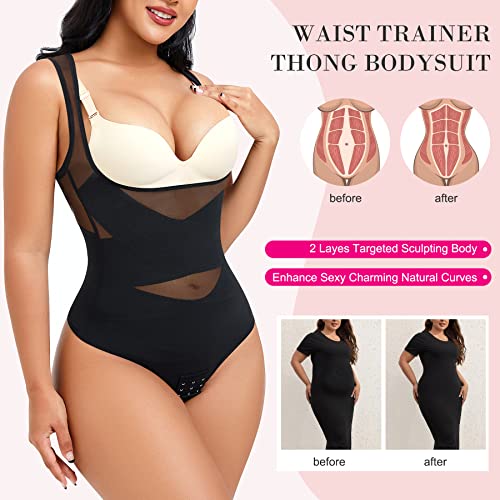 Nebility Shapewear Bodysuit For Women Tummy Control Body Shaper X Back Brace Scoop Neck Sleeveless Thong Tank Top(X-Large,Black) #TOP2
