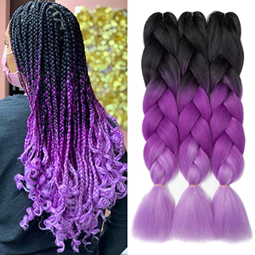 Gairyan Braiding Hair Extensions Ombre Jumbo Braids Synthetic Hair 3 Packs 24 inches 300g Coloured Hair for Braiding Extensions Box Braids Crochet Twist (Black-Purple-Light Purple)