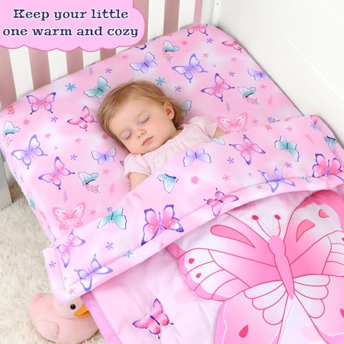 Image of JISEN 3 Piece Crib Bedding Set Soft Baby Butterfly Crib Comforter Set with Comforter, Sheet, Pillowcase - Nursery Bedding for Boys or Girls Pink