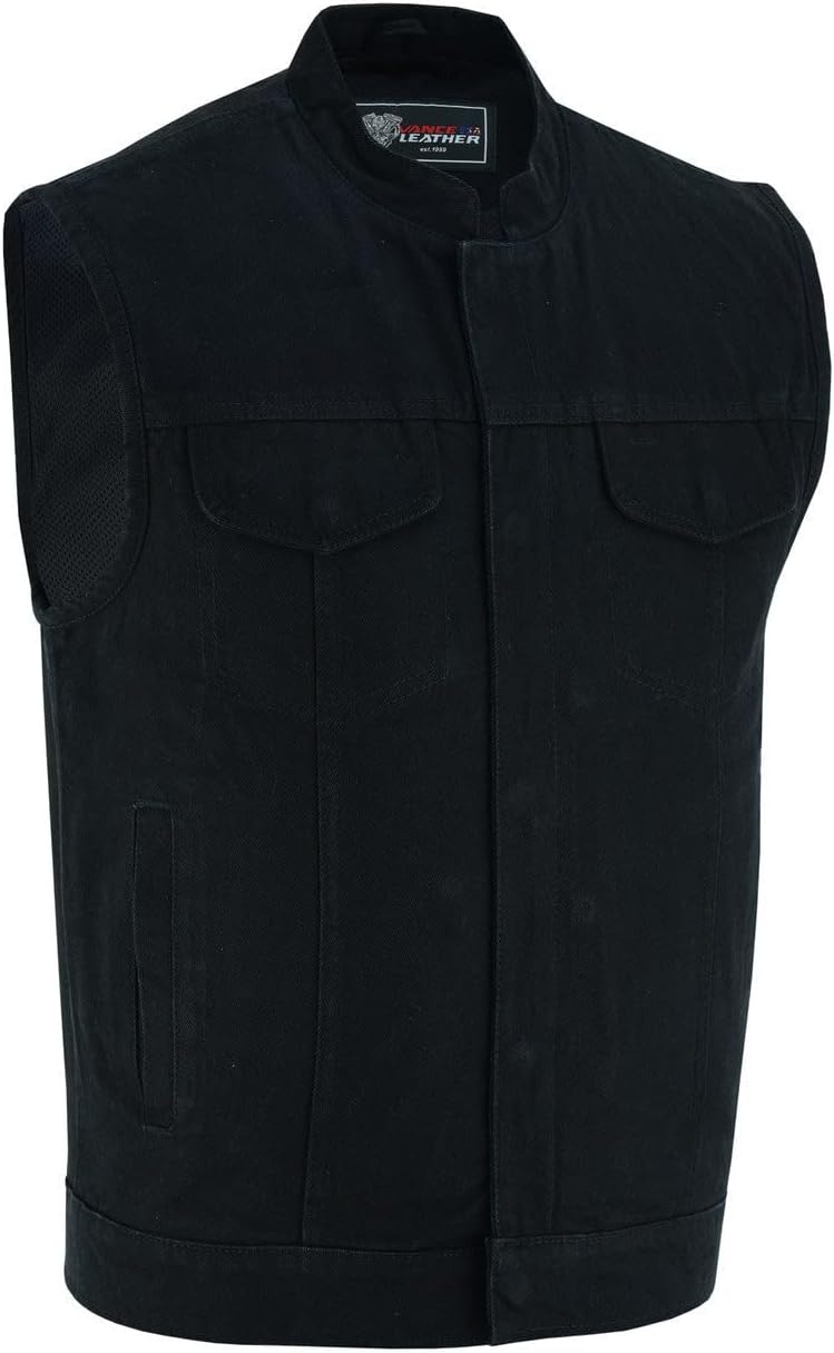 Vance Leather Men's Black Denim Collarless Club Vest with Dual Front Closure & CCW Pockets
