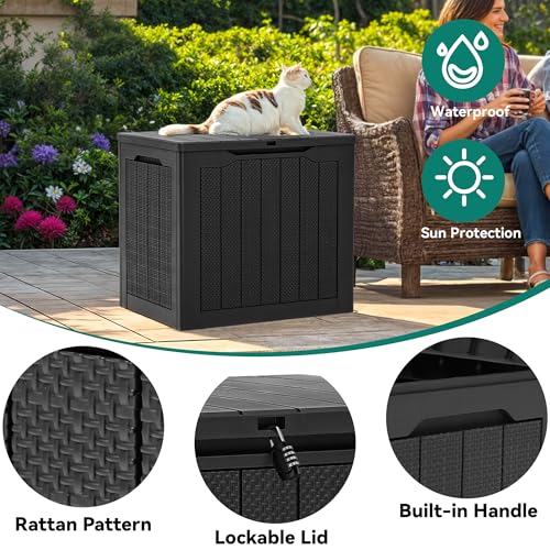 Variant 4 - YITAHOME 30 Gallon Outdoor Storage Box, Small Water Resistant Resin Deck Box, Indoor Outdoor Lockable Rattan Storage Container for Patio, Garden, Cushions, Tools, Equipment (Black)