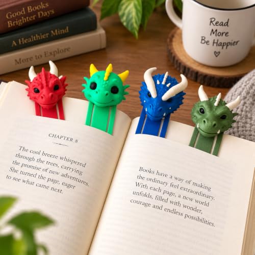 Image of 4 Pack Sanchi Homes Dragon Bookmarks Set, Unique 3D Fantasy Markers | Durable Bioplastic