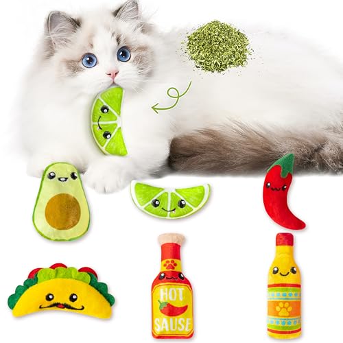 L1rabe Mexican Catnip Stuffed Toys - 6 Mexican Carnival Funny Cat Toys for Cat Lovers Gifts, Cute Taco Hot Sause Avocado Lime Indoor Kitten Chew Bite Kick Interactive Pet Supplies Kitten Birthday Gift
