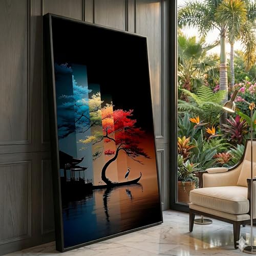 Tableau paysage japonais arbre coloré et héron pour s'évader chez soi