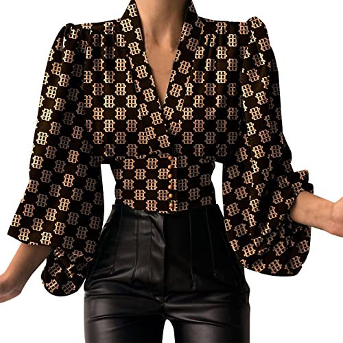 RMH Chemisier Femme Chic Et élégant, Chemise à Manches Lanterne Tunique Chemisier Et Blouses Femme Top Manche Longue Chemise Imprimé Col V Cadeau Femme Vetement Femme Haut Femme Chic Tendance 2022 Cover