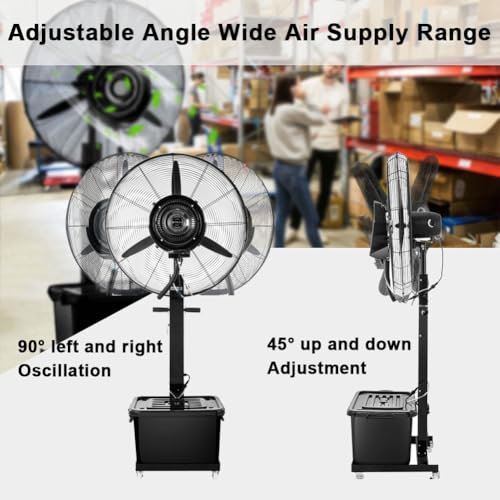 Ventilador oscilante industrial con 3 velocidades, soporte y nebulizador para garaje, jardín, gimnasio o uso en interiores, 750 mm