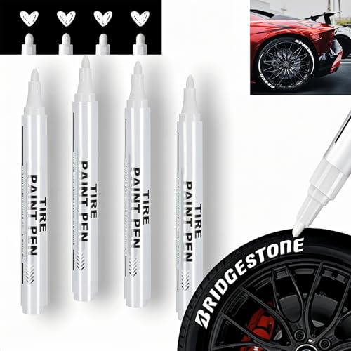 JUXINE PROFI-SET 4x Reifenmarkierungsstift Weiß | Ölbasierter Reifenstift für Auto & Motorrad | Wasserdichter Reifenmarker | Für Keramik, Holz, Leder, Kunststoff | Inkl