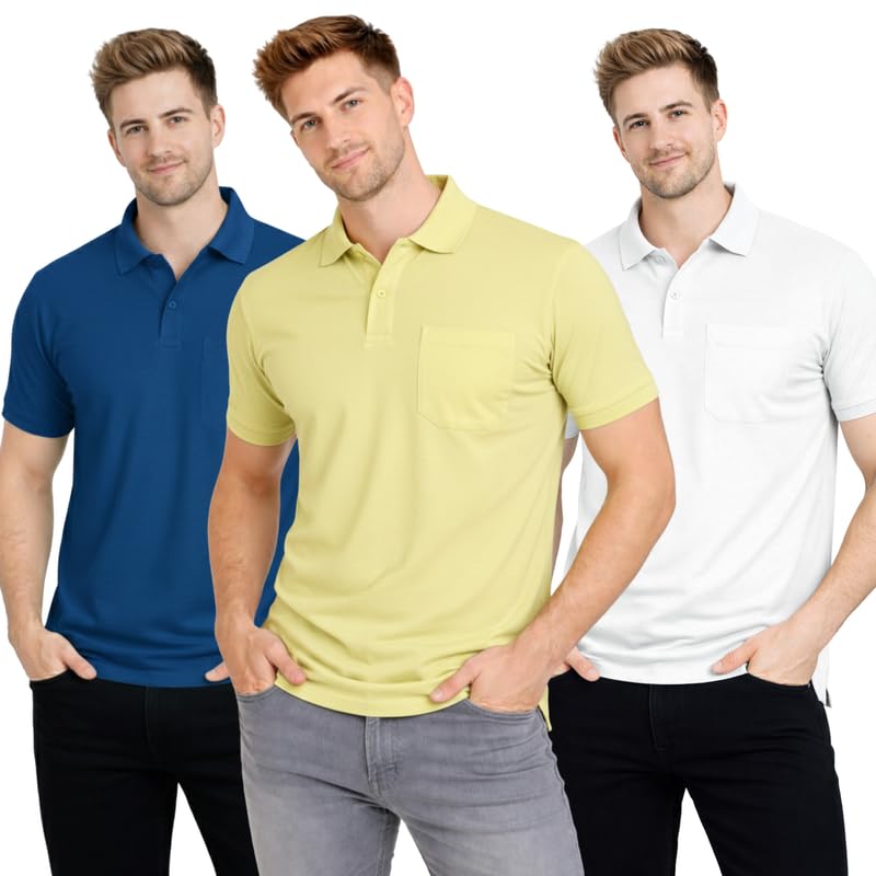 Image of SMAN Polo Neck T-Shirt Pack of 3 for Men & Boys | Half Sleeve Collar Tee with Pocket | Premium Spun Matty Fabric | Casual & Office Wear | Sizes M to 2XL | FX PO3 MCR LMN WHT