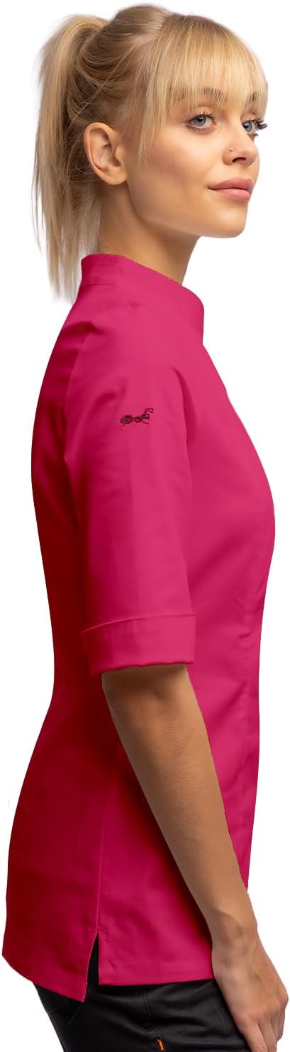 Chef Coat for Women Short Sleeves Stretch Cotton Professional Cooking Uniform Slim fit Black Grey White Pink