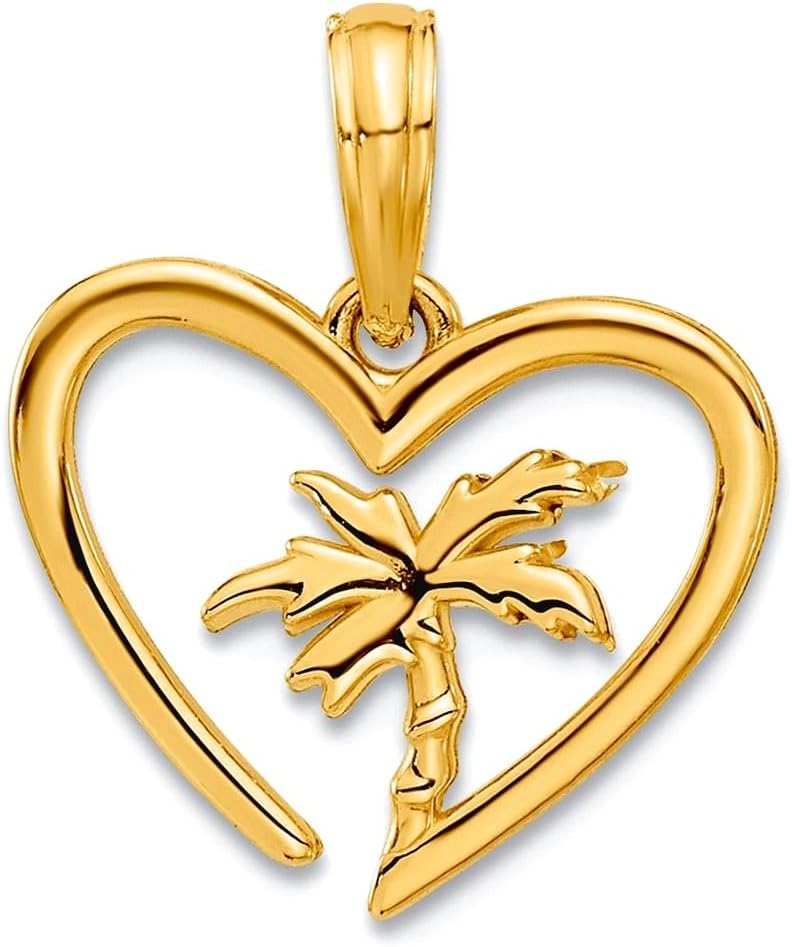 JewelryWeb 15mm 14k Solid Yellow Gold Polished Palm Tree In Love Heart Pendant Necklace Pendant for Women