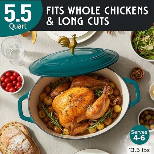 MUELLER HOME 5.5 Quart Enameled Cast Iron Oval Dutch Oven with Rooster Knob and Cotton Potholders, Heavy-Duty Cookware, Oven-Safe up to 500° F & Across All Cooktops, Thanksgiving Essentials, Emerald - Thumbnail 4