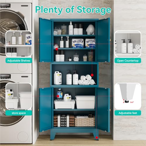 Image of 69 inch Tall Pantry Cabinet with Open Shelf,13.78 inchDeep By 28 inch Wide Storage Cabinet with Doors and Adjustable Shelves,Microwave Stand,for Kitchen Dining Room Living Room Bathroom,Teal Blue,1Pc