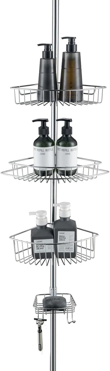 J&V TEXTILES Rustproof Shower Caddy Corner for Bathroom,Bathtub Storage Organizer for Shampoo Accessories,4-Tier Adjustable Shelves with Tension Pole (Black)