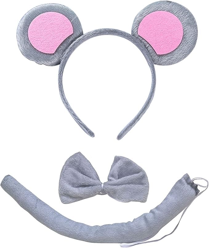 FXICH Faixa de orelhas de rato, conjunto de fantasia de animal, diadema de orelhas, cauda de animal, para cosplay, festa de aniversário, carnaval, material de festa de Natal