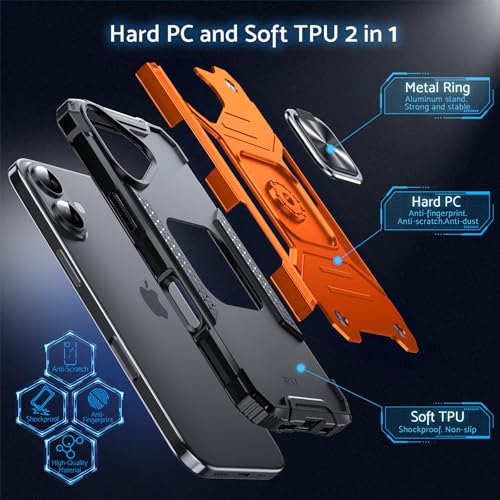 DASFOND for iPhone 17 Case with Stand, Military Grade Full Body Protective Phone Case with 360° Rotatable Metal Ring Kickstand [Support Magnet Mount] Compatible with iPhone 17, Orange by DASFOND - Image 5