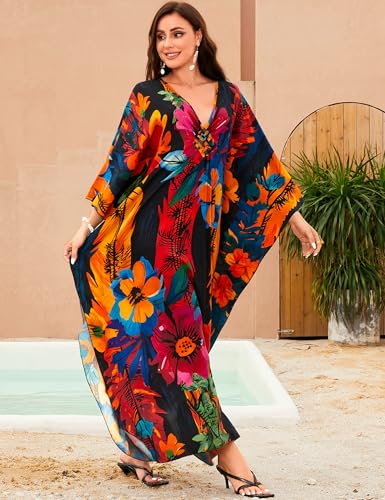 Image of MAKABO Kaftan Dresses for Women, V Neck Moo Moos Colorful Print Cover Ups Caftan Beach Dresses for Swimwear