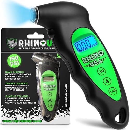 Rhino USA Digital Tire Pressure Gauge 150 PSI, 4 Ranges, Ergonomic Design w/Lighted Nozzle & LCD Backlit Display - Certified Accurate Readings, Best Digital Gage