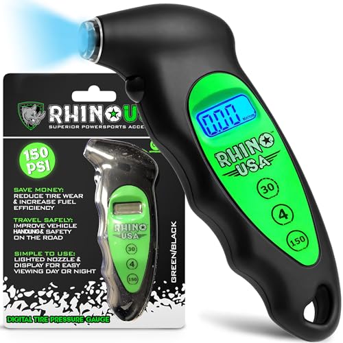 Rhino USA Digital Tire Pressure Gauge 150 PSI, 4 Ranges, Ergonomic Design w/Lighted Nozzle & LCD Backlit Display - Certified Accurate Readings, Best Digital Gage (Green)