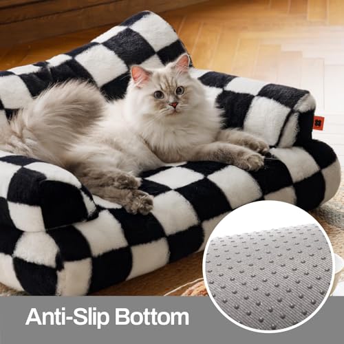 MEWOOFUN groß Katzenbett kleines Hundesofa Flauschig und waschbar Katzensofa Hundebett für Katzen, weich Katzenbett katzencouch mit Rutschfester Unterseite, Schachbrett 66x48cm