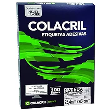 Etiqueta Adesiva A4, Colacril, 25.4 mm x 63.5 mm, 100 Folhas, Branco, Pacote de 3300