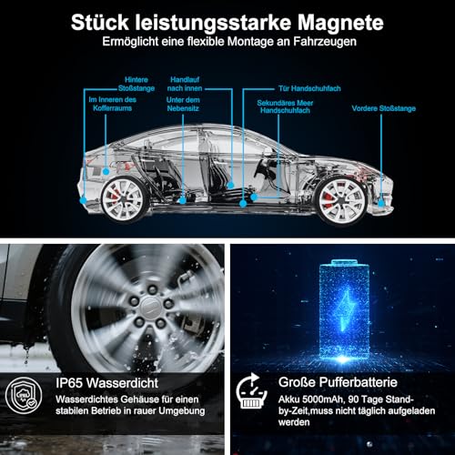TKMARS GPS Tracker Ohne ABO GPS Tracker Auto 90 Tage Standby-Zeit, 5 Sekunden Zum Aktualisieren Der Position, Stark Magnetisch und Wasserdicht mit Kostenloser App, 5000mah
