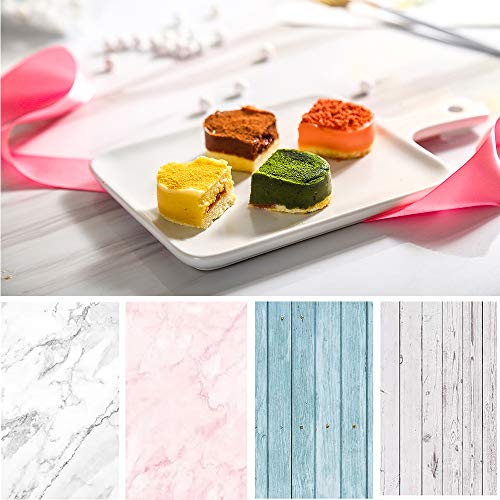 Bcolorpic Food Photography Backdrop Paper 4 Pack Kit 22x34Inch 56x86cm Double Sided Photo Background Rolls Marble Wood Flat Lay for Product Jewelry Tabletop Prop Pictures, 8 Patterns