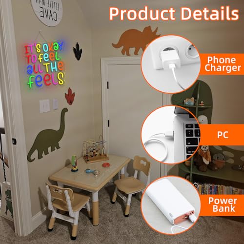 Image of JURONG It's Okay to Feel All the Feels Neon Signs for Wall Decor Dimmable LED Neon Light up Signs USB Powered for Home Office Bedroom Classroom Wedding Party Store Home Gift Neon Decor