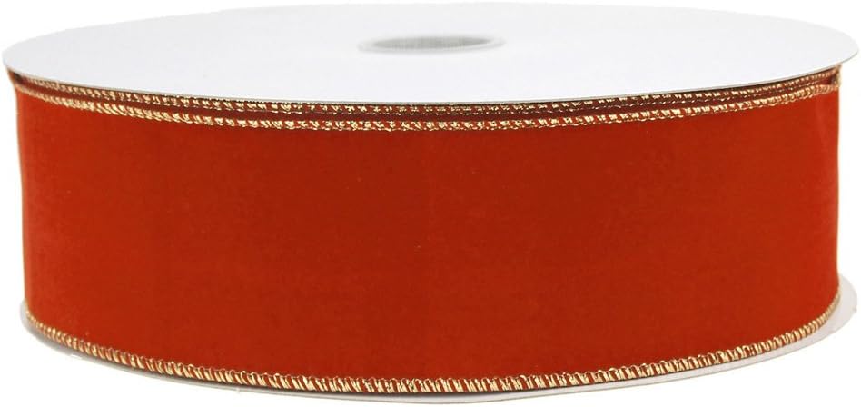 Velvet with Gold Edge Christmas Ribbon Wired Ege, Red, 2-1/2-Inch, 50 Yards