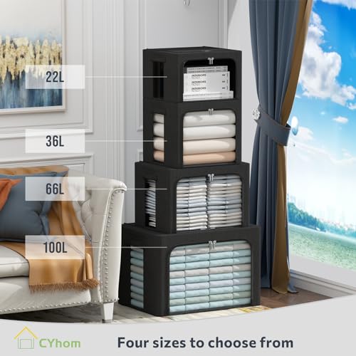 CYhom 3Pack Foldable Storage Bins - Frame Storage Box Linen Fabric Stackable Clothes Container Organizer with Clear Window & Carry Handles Large Capacity (Medium-36L, Black) by CYhom - Image 3