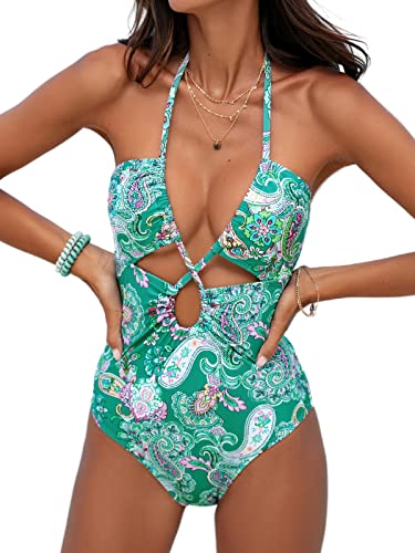 Cupshe Women One Piece Swimsuit Drawstring Cutouts Halter Low Back Paisley Print Bathing Suits L #TOP13