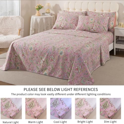 Image of FADFAY Full Sheet Set 4Pcs 100% Egyptian Cotton Bed Sheets Deep Pocket Soft Breathable Vintage Misty Pink French Country Bedding Shabby Cottagecore Floral Bedding Luxury Hotel Quality for All Seasons