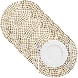 Gandeer 4 Pcs 15 Inch Linen Scalloped Round Placemats, Thin Plaid Place Mats with Ruffle, Washable Placemats Table Mats for Kitchen Dining Holiday Gatherings Decor(Light Brown, Gingham)