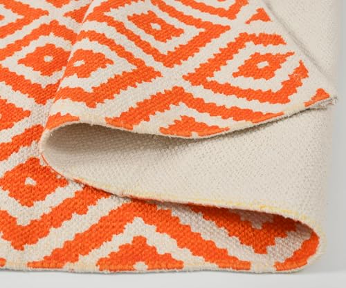 Image of SAGON 2x5 Ft Printed Runner Carpet - Cotton Bedside Rug for Bedroom & Living Room (Orange Diamond)