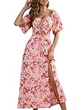 Summer Dress for Womens Floral Ruffle Sleeve Bohemian Dresses Short Bell Flutter Hawaiian Flowy Cut Out Swing Shift Square Neck Casual Beach high Slit Vacation Pink