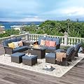 9 Peices Outdoor Patio Furniture Set with 44" Gas Fire Pit Table, PE Wicker Swivel Rocking Chairs Conversation Sets with 4.3" Cushion, High Back Sectional Sofa with Gilder Chair for Yard Garden Porch