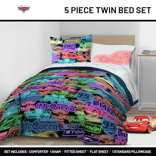Image of Disney Pixar Cars McQueen Twin Comforter Set 5 Piece Kids Bedding, Black | Neon Racecar, Bed in a Bag, Comforter Sheets Sham Pillowcase, Official Product, Soft Microfiber, Machine Washable, Boys Gift