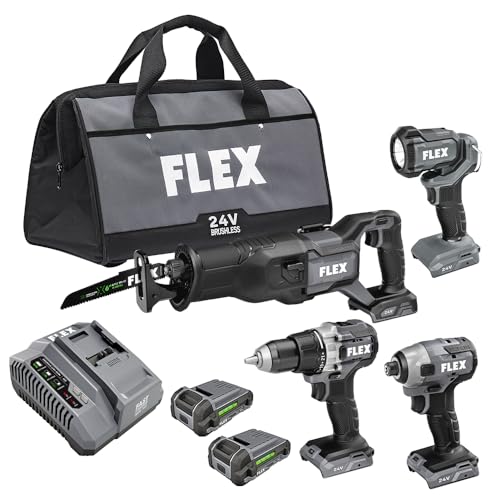FLEX 24V Brushless Cordless 4-Tool Combo Kit: Drill Driver, Impact Driver, Reciprocating Saw, Work Light with (2) 2.5 Ah Lithium Batteries and 160W Fast Charger - FXM401-2A