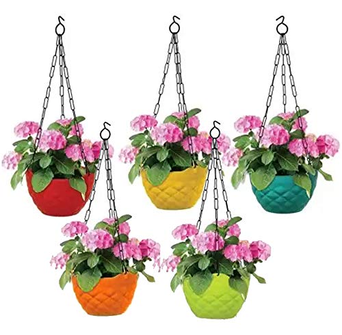 Go Hooked Multicolor Round Diamond Plastic Hanging Pots & Planters with Metal Hanging Chain for Home Garden Balcony (Multicolor) Pack of 5