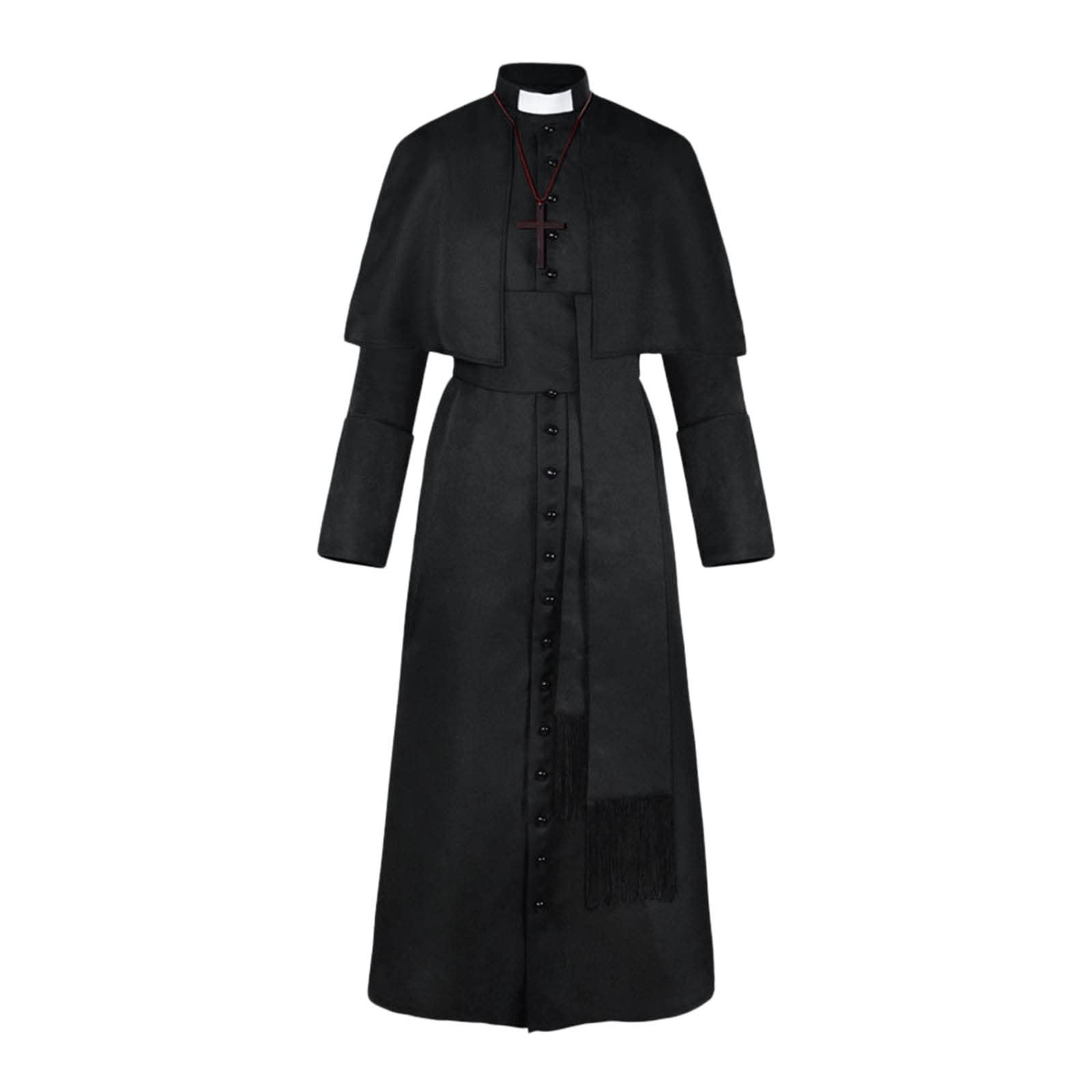 Halloween Priest Costume With Cross Necklace Unisex Men Women Solid Long Father Vicar Fancy Dress Outwear Medieval Priest Cosplay Costumes Halloween Party Props