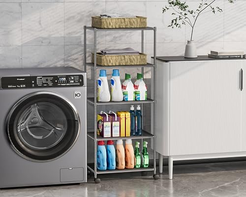OVICAR Storage Shelf with Wheels - Adjustable 5 Tiers Mesh Wire Shelving Unit, Metal Standing Storage Rack for Kitchen Pantry Closet Bathroom Laundry Garage Tool Organizer Shelves