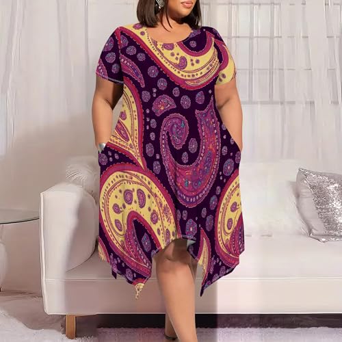 Image of Womens Summer Plus Size Crewneck Midi Dress Short Sleeve High Waist Dresses A Line Smocked Sundress with Pockets