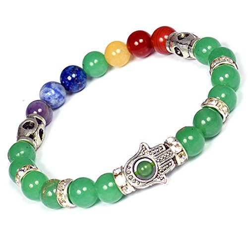 Image of Reiki Crystal Products Certified Natural Crystal Stone 7 Chakra with Hamsa 8 mm Round Beads Bracelet for Men & Women | Reiki Charged Gemstone Bracelet | Multiple Stone Variants Available