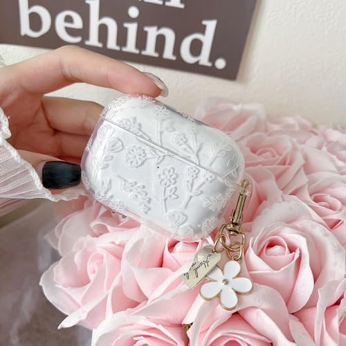 Image of MINSCOSE for with AirPods Pro 2 Clear Case,Cute Flower Floral Aesthetic Design with Flowers Keychain, Soft TPU Protective Shockproof Case for Women Girl for Airpod Pro 2-White